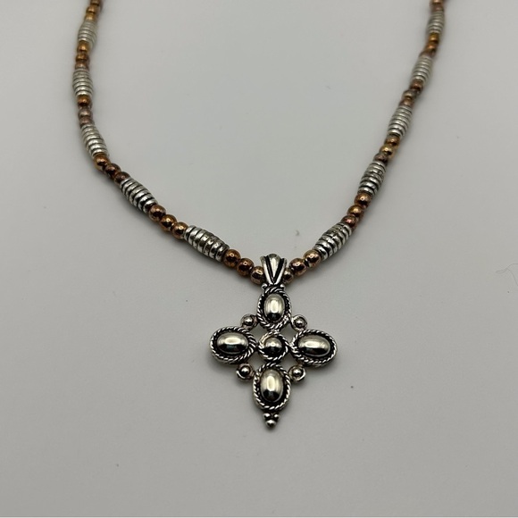 Vintage Napier Silver Tone Spiral Beaded with Bronze Beads Cross Flower Necklace - Picture 7 of 12